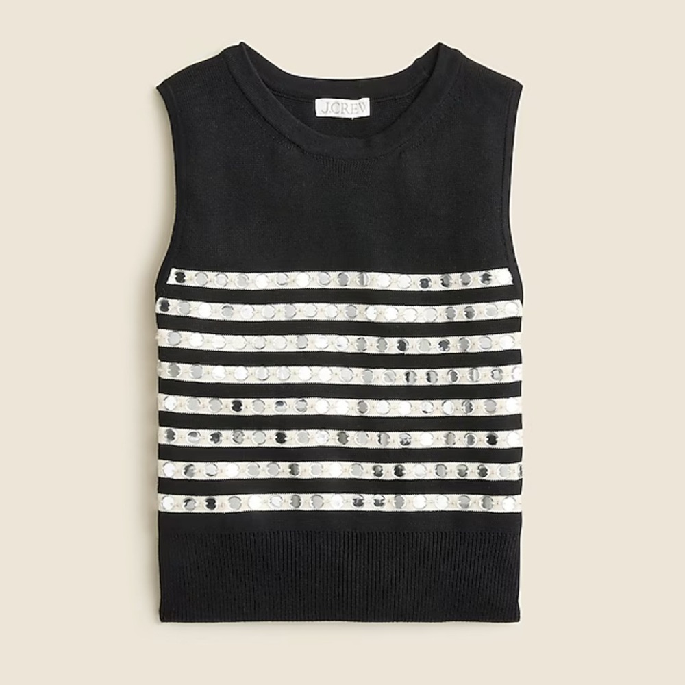 J. Crew BLACK & IVORY STRIPED Embellished Sweater Vest Shell Mirror Sequin Sz. M